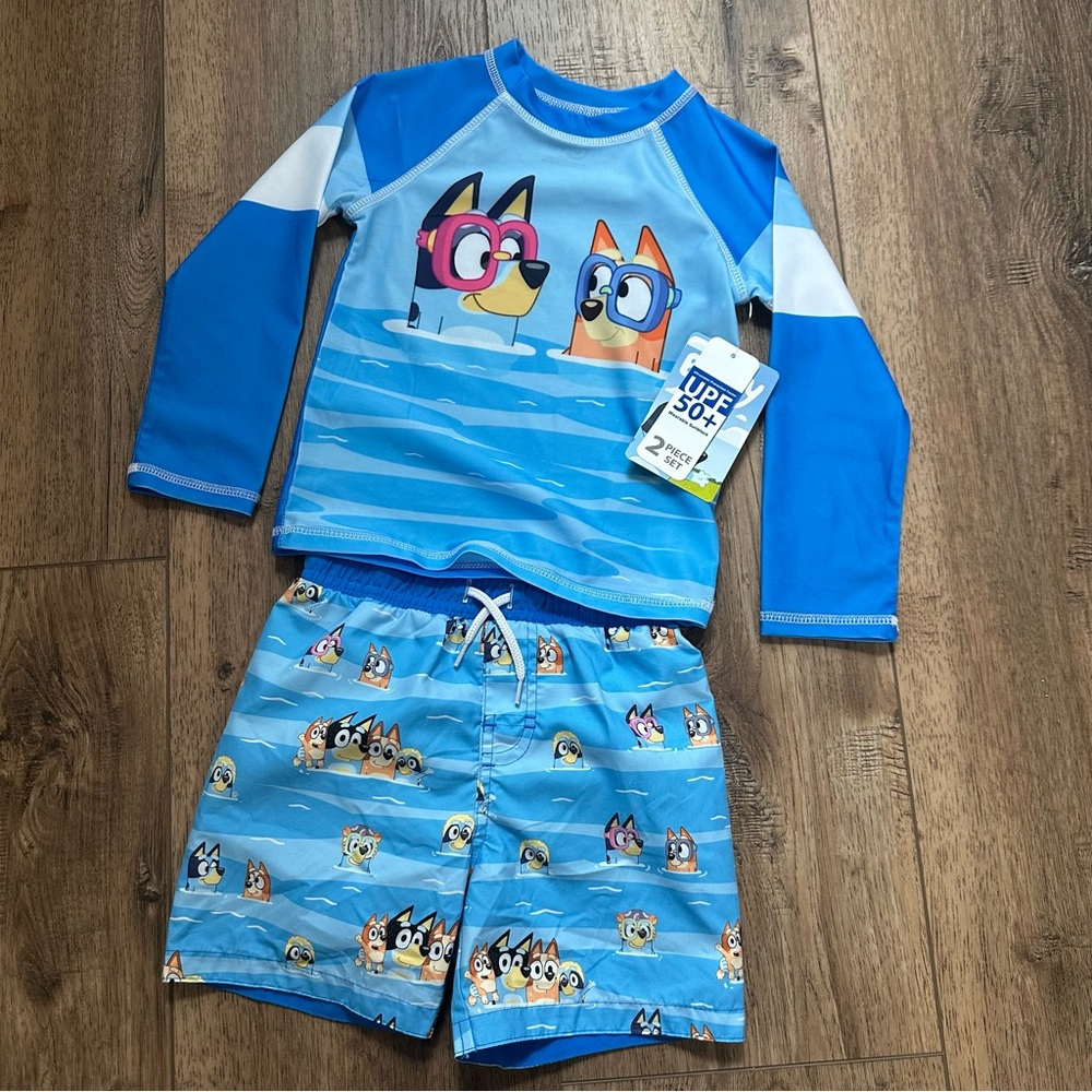 NWT!! Children’s Bluey Swim Outfit, UPF 50+, Swim Trunks, Rash Guard, Unisex, 3T